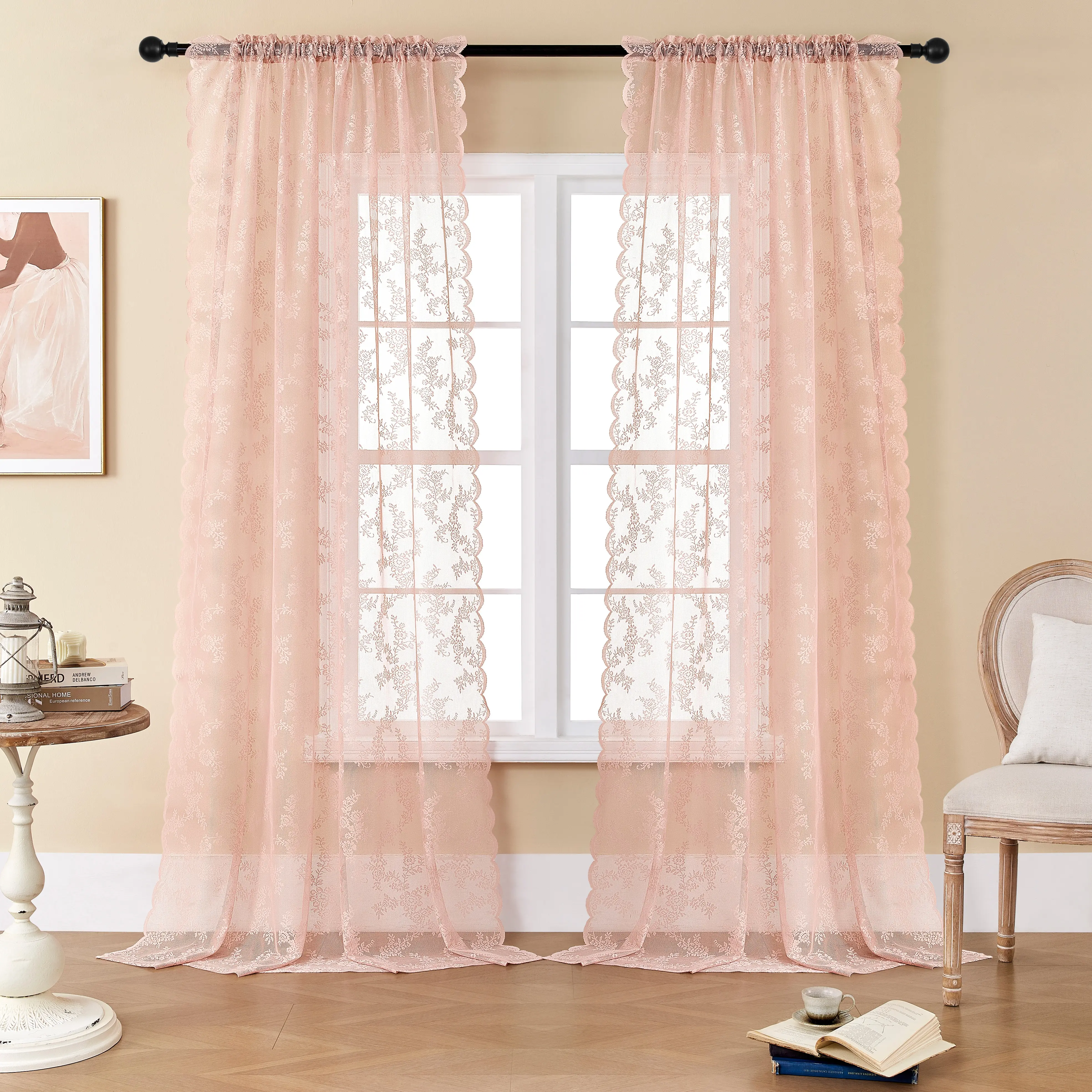 4-Piece Warp Knitted Mesh Sheer Curtain Panels with Lace Trim, 52x95 Inch Rod Pocket Drapes, Elegant Home Decoration Curtain for Bedroom Decor Ideas, Living Room & Room Decor (L46 822)