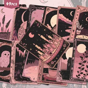49pcs Dreamy Pink-Black Mystical Tarot Healing Stickers Pack | Fresh Vinyl Decals with Cozy Enchanting Landscape & Celestial Graphics | for Phone, Water Bottle & Gift | for Style Fans & Calm Vibe Enthusiasts
