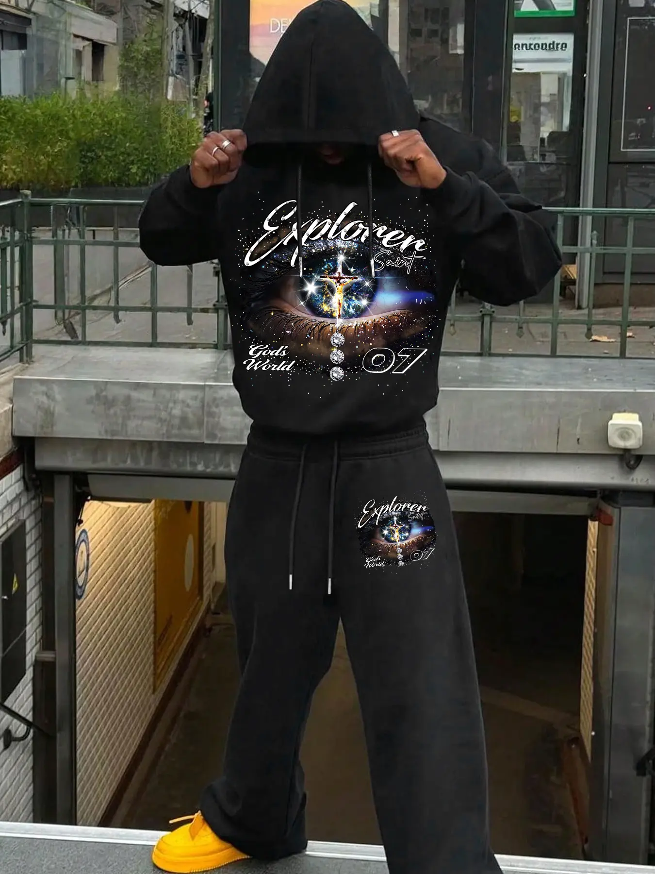 turistic Trendy Brand】 Space/Cross Print Oversized Loose Hooded Hoodie Sweatpants Set Unisex Couple Style. American Street High Street Darkwear Autumn/Winter Fleece-Lined (if applicable) Comfortable Versatile. Full Set Showstopper #Futurism #CoupleOutfit