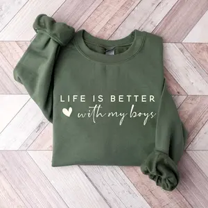 Life Is Better With My Boys Sweatshirt for Women, Cozy Boy Mom Crewneck Pullover with Sweet Family Quote, Cute and Comfortable Sweater for Moms of Boys, Perfect Mother’s Day Gift and Everyday Casual Wear - HARSIN