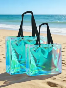 Iridescent Laser Tote Bag — Large, Waterproof, and Sand-Resistant Beach Bag for Women, Summer Bags. Featuring Jacquard Straps and a Transparent Rainbow Design, Ideal for Beach Vacations, Holidays, Swimming, Poolside Use, Cruises, and Boating.