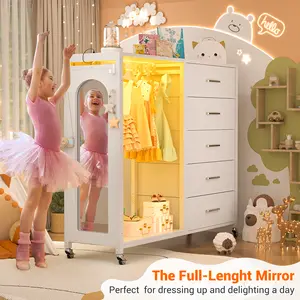 Cyclysio Dresser for Bedroom with Clothes Rack & Mirror, Black 5 Drawers Dresser with Charging Station & LED Lights, Rolling Chest of Drawers with Wheels, Full Length Mirror, Wooden Top,Bedroom,Closet