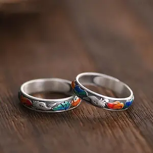 2pcs Women Vintage Nine Tailed Fox Enamel Ring Retro Distressed Ethnic Oriental Style Adjustable Open Band Fashion Daily Wear Jewelry Gift For Women Party Matching Finger Ring