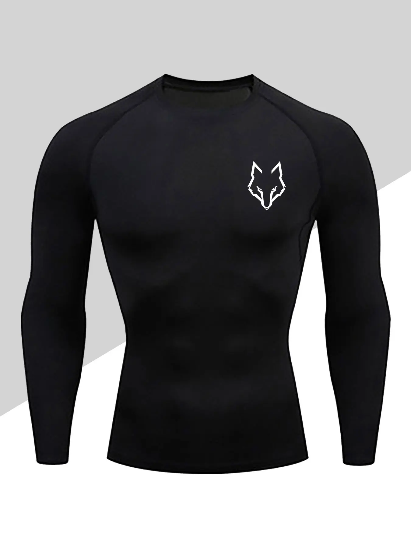 Men's Compression Long Sleeve T-Shirt Set, Solo Wolf Print, Elastic, Moisture Wicking, Sportswear, Workout Sportswear, Sport Clothing, All-Season Warmth, High Stretch Fabric, Lightweight Compression Sportswear