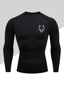 Men's Compression Long Sleeve T-Shirt Set, Solo Wolf Print, Elastic, Moisture Wicking, Sportswear, All-Season Warmth, High Stretch Fabric, Lightweight Compression Sportswear