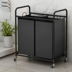 2 Bag Laundry Sorter Basket Cart with Rolling Lockable Wheels Removable Bags Multifunctional Black Organizer for Clothes Storage