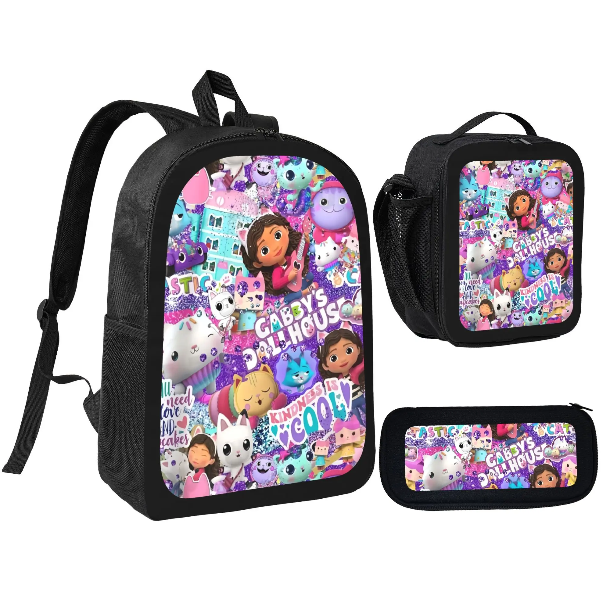 3 In 1 Gabby's Dollhouse Printed Backpack Set Large Capacity School Backpack Stationery Storage Pencil Case