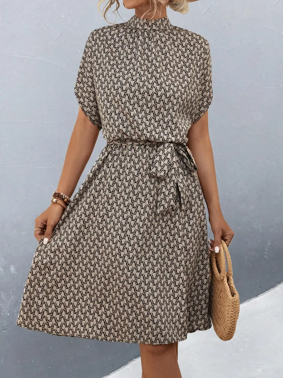 Women's High Neck Geometric Print Dress Batwing Short Sleeve A-Line Midi with Belt Casual Loose Fit Summer Dress for Work Daily Breathable Fabric
