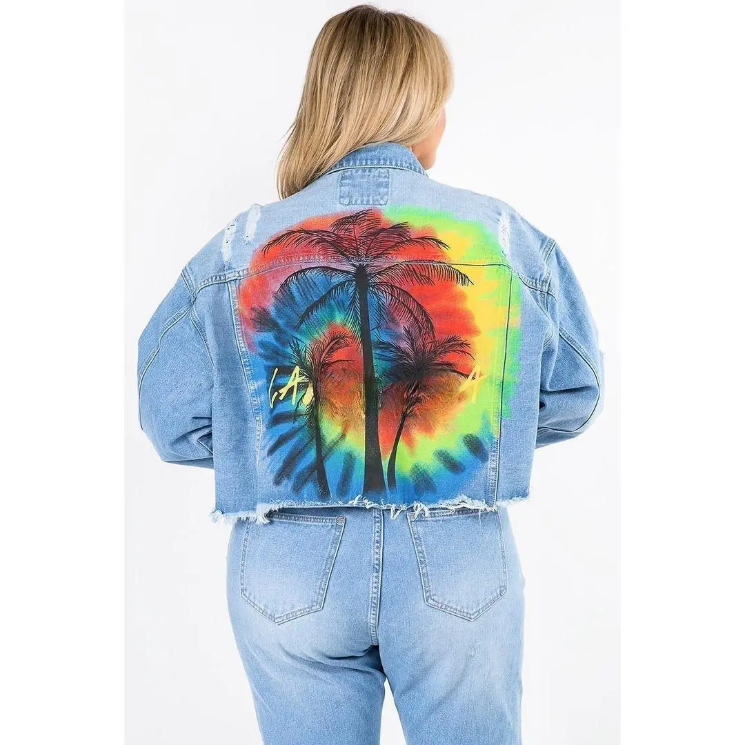 Plus Size California Painting Cropped Denim Jacket
