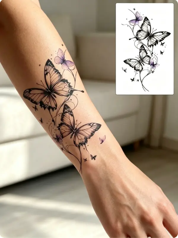 2pcs Butterfly Temporary Tattoo Stickers, Purple Black Butterfly Fake Tattoos for Women,Realistic Floral Butterfly Design for Arm Wrist Ankle, Party Decor Body Stickers Gift