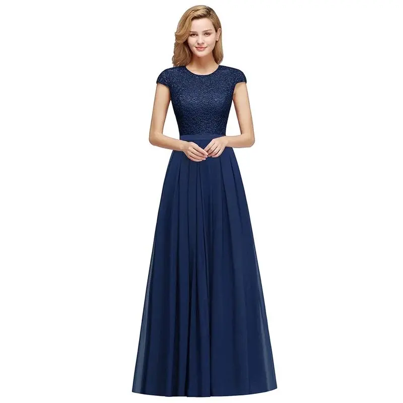 BABYONLINE Navy Blue Evening Dresses Elegant A Line Chiffon Lace Women Formal Wedding Guest Prom Party Gowns Robe De Soirée