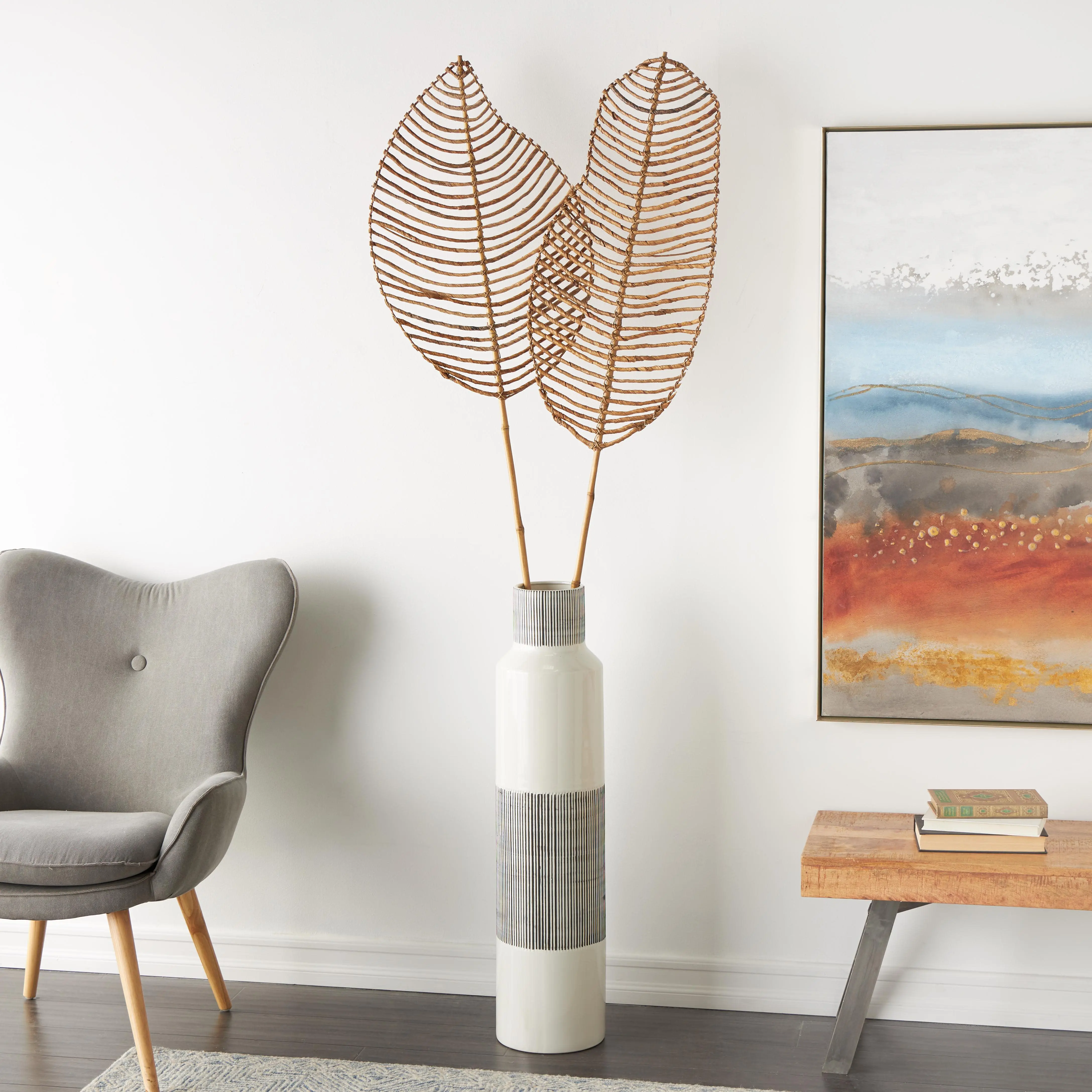 Decorative Bamboo Wood Branch Plants - Handmade Tall Woven Leaf Sticks, 2-Piece Set (14"W, 77 in H) for Home Decor, Natural Foliage & Vase Display, Two Pieces