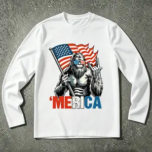 Patriotic Bigfoot Merica Long Sleeve T-Shirt, 4th of July Sasquatch USA Flag Sunglasses Rock Hand Graphic Tee, Funny American Independence Day Crewneck Top For Men Women