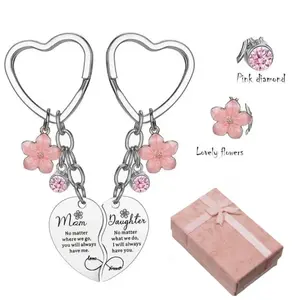 2 Pcs Mother&Daughter Heart Matching Keychain Set with Gift Box – Pink Flower Rhinestone Charm, Meaningful Mother’s Day Gift for Mom from Daughter