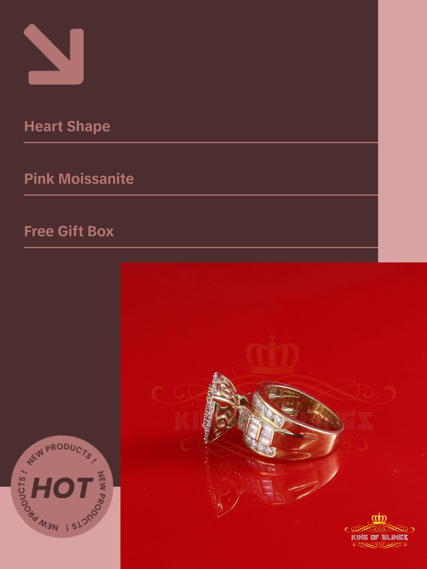 King Of Bling's Women's 4.00ct 925 Silver VVS D Pink Moissanite Yellow Cinderella HEART Ring SZ 8