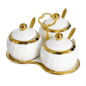Golf Porcelain Sugar Bowl Condiment Pot Salt Container with Lid, Spoon and Tray, Set of 3, Modern  Box Seasoning Jar, White and