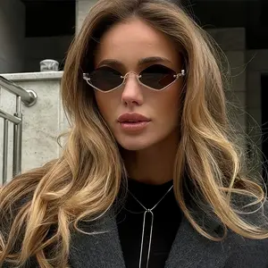 Unisex Half-Frame Cat-Eye Sunglasses, Polygonal Small Metal Frame, UV400 Lenses, Minimalist Fashion Eyewear Ideal for Streetwear, Daily Commute, Outdoor Activities and All-Season Use