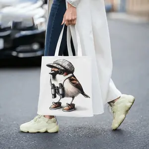 Cute Cartoon Sparrow Pattern Canvas Tote Bag Creative Newspaper Hat Binoculars Bird Design Large Capacity Eco Friendly Shopping Bag Student Commute Casual Shoulder Bag Animal Print Handbag