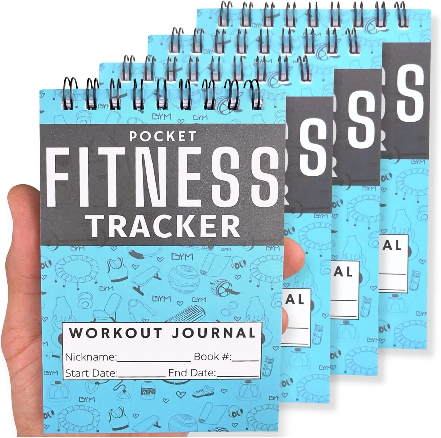 Field Equipt Gym Workout Journal & Fitness Tracker 4 Pack, Handheld Workout Log Book for Women & Men - Ideal for Weightlifting, Cardio, Athletes & Coaches On the Go (Blue)