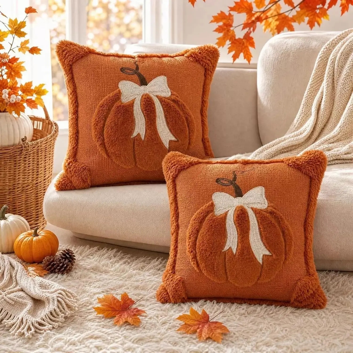 Halloween Pillow Covers 18x18 Set of 2, Pumpkin Pillow Covers with Cute Bow, Tufted Orange Fall Throw Pillow Covers, Halloween Pillow Cases for Couch Sofa Bed, Thanksgiving Autumn Home Decor (Covers Only)