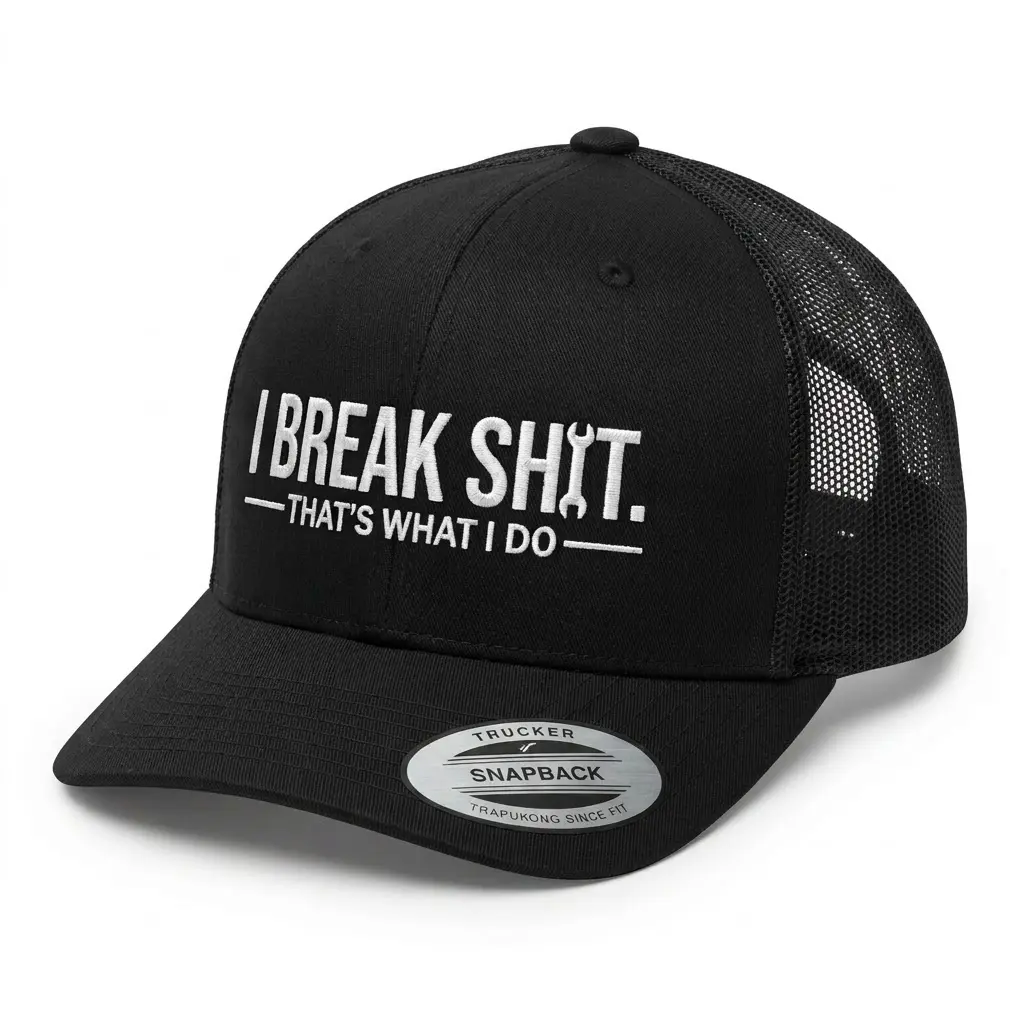 Trucker Hat with "I Break Sh!t", All-Season Unisex Wear for Outdoor Sports, Funny Novelty Cap for Men & Women