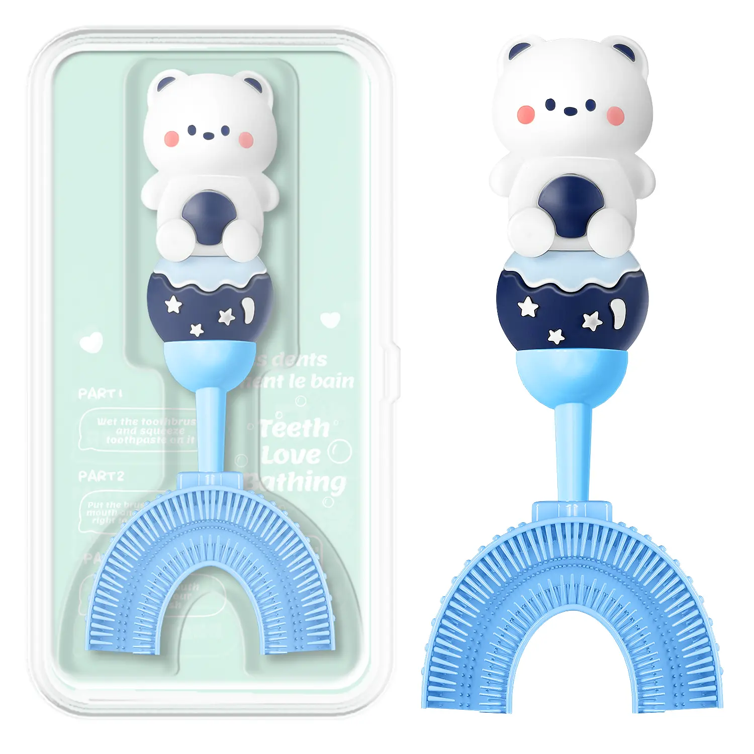 Manual U-Shaped Toothbrush for Kids Ages 2-7， Soft Food-Grade Silicone for Sensitive Gums， 360° Teeth Cleaning Design，Training & Travel-Friendly Toddlers' Toothbrush (Blue))