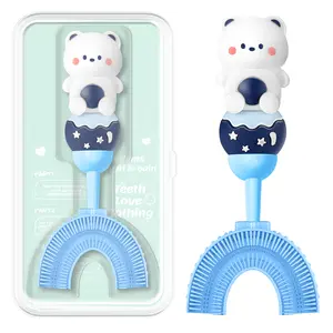Manual U-Shaped Toothbrush for Kids Ages 2-7， Soft Food-Grade Silicone for Sensitive Gums， 360° Teeth Cleaning Design，Training & Travel-Friendly Toddlers' Toothbrush (Blue))