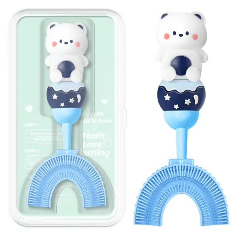 ZMRZ Dinosaur Kids' Manual U-Shaped 3-Sided Soft Bristle Toothbrush (Ages 2-7) - No Battery, Non-Toxic Food-Grade Silicone, Kid-Safe for Sensitive Gums, 360° Cleaning, Training, Travel-Friendly, Teeth Plaque Remover Set with Toothbrush Cover (Blue)