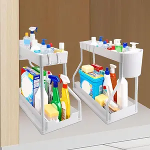 Space-saving Double-layer Under-sink Shelf Sliding Storage Durable Rack with Pull-out Boxes 2-Tier Design Smooth Sliding Mechanism Sturdy Metal Frame Versatile organizer