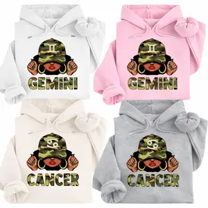 [Full 12 Zodiac] Camo Zodiac Hoodie  – Afro Woman Astrology Sign Pullover with Sparkly Hat Graphic, Unisex Horoscope Crewneck Gift for  White, Sand, Grey Sport, Pink Color