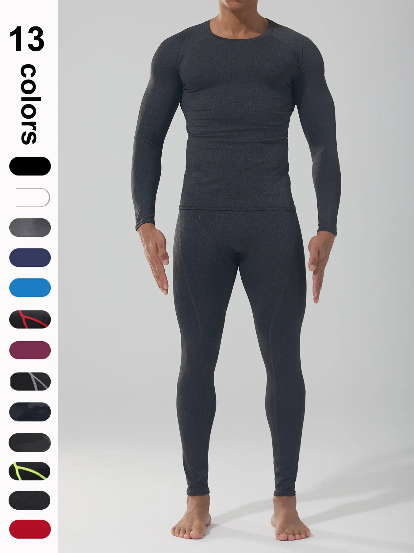 Men's Sport Compression Training Tracksuit Set Pants and Long Sleeve Shirt, Winter Warm Solid Camo Top and Bottom, Casual Fitted Fit, Running Clothing