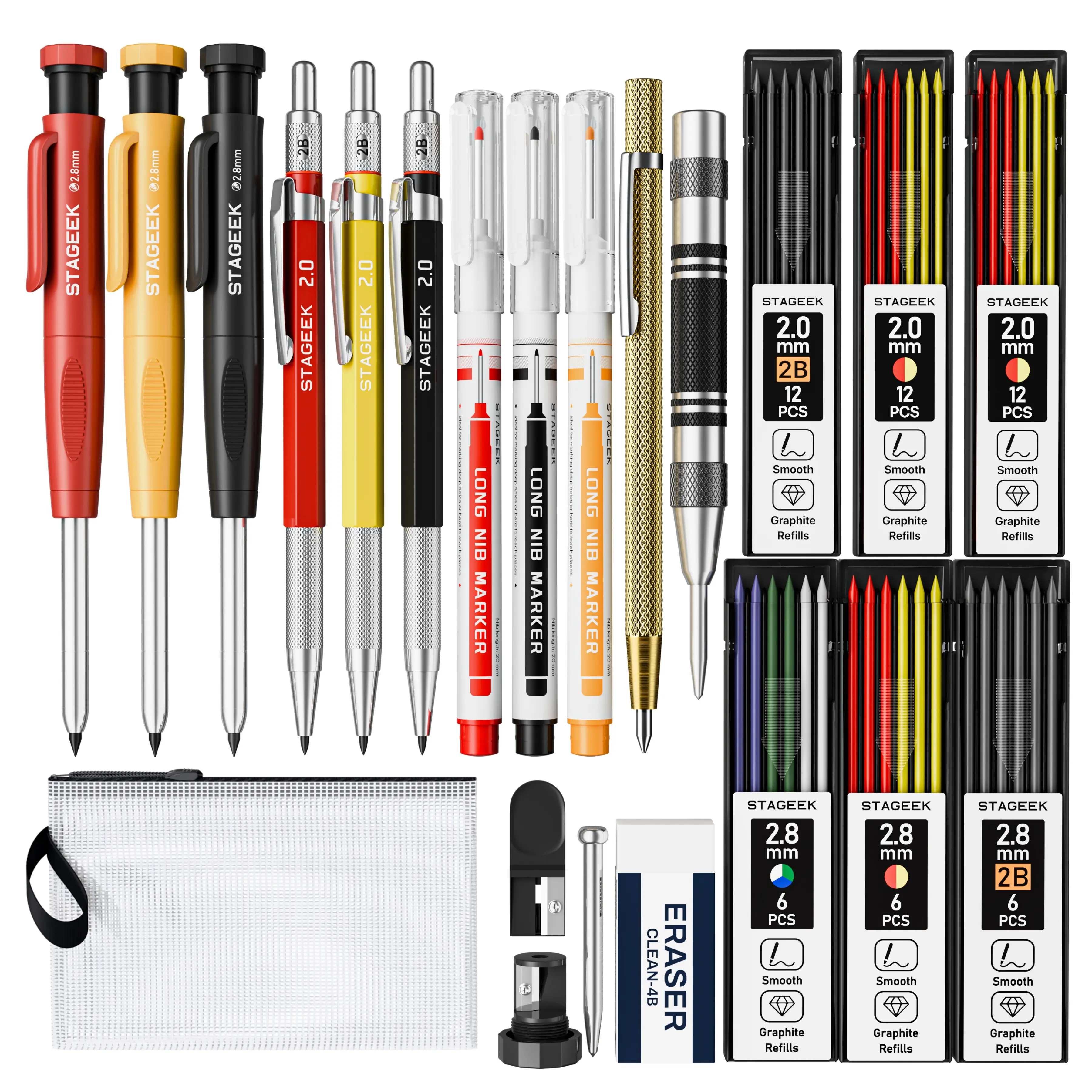 STAGEEK 22 Pack Mechanical Carpenter Pencil Set with Sharpener 60 Refills, Automatic Center Punch, Carbide Scribe Tool, Eraser and Deep Hole Marker Pen, Heavy Duty Construction Pencil for Architect-With Pouch,Art Supplies