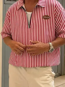 Men's Striped Casual Polo Shirt, Young Fashion Zipper Front, Short Sleeve Collared Tee, Street Style, Festival Wear, Gift Idea