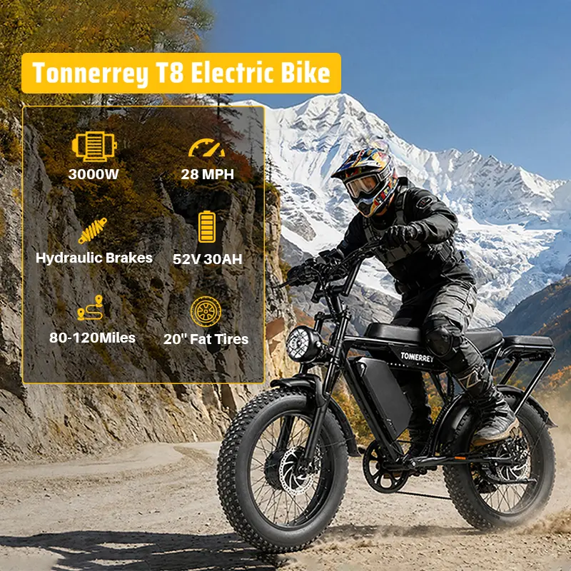 Tonnerrey T8 Dual Motor Adult Electric Bike, 3000W 52V 30Ah, 80-120 Mi Long Range, 28MPH 20" Fat Tire, 2-Seater, Hydraulic Brake, 7-Speed, Turn Signals, Off-Road Ebike