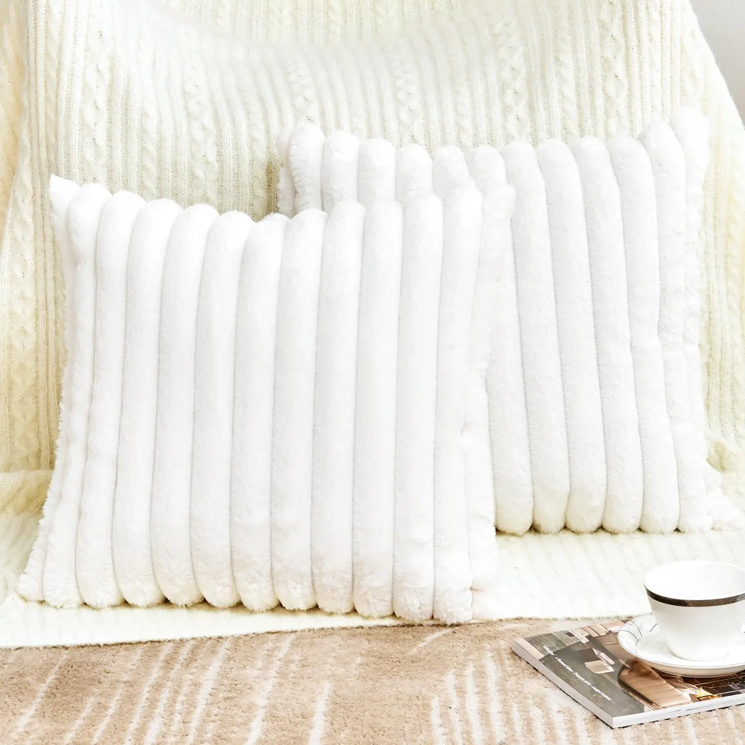 Throw Pillow Covers Decorative Faux  Set of 2 16x16 Inch Pillow Covers, Soft Cream White Plush Striped Pillowcases for Couch Sofa Bed Living Room, Fluffy Cute Home Boho Accent Fuzzy Decor