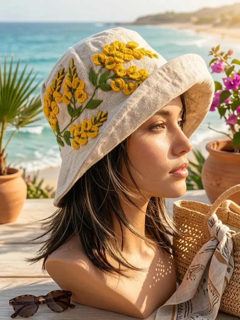 Lovely Handmade Padauk Flower Traditional Burmese Thingyan Embroidered Cotton Bucket Hat with Floral Design for Women