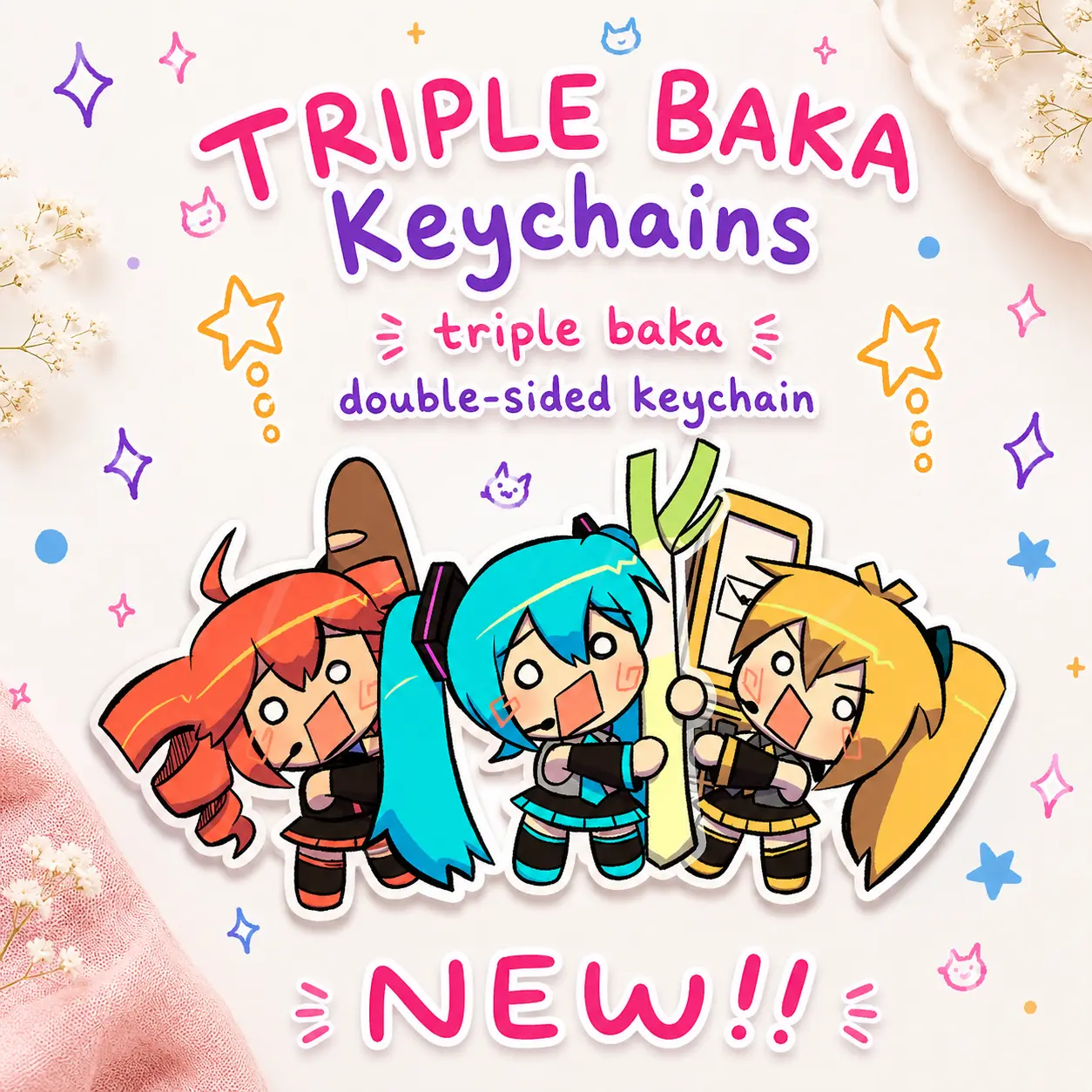Triple Baka Double Sided Acrylic Keychain, Vocaloid Anime Keychain, Miku Neru Teto Bag Charm, Kawaii Gift