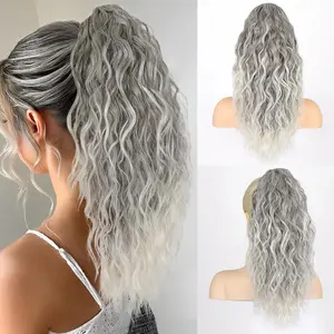 Ponytail Extension, 18 Inch Omber Grey Ponytail Extension for Women Multi Layered Fluffy Thick Wavy Jaw Clip in Fake Pony Tails Fake Hair Soft Synthetic Hairpiece