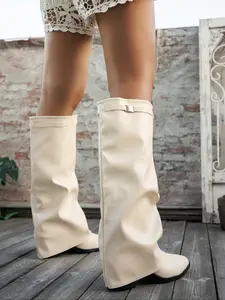 Women's Foldover Mid-Calf Boots, Pointed Toe, Thick Sole High Heel, Rubber, Wrinkled Design, Fashionable Versatile Party Streetwear, Thick Heeled Boots