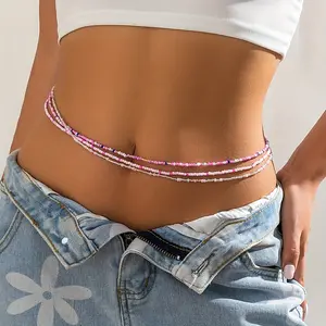 3pcs Bohemian Style Pink Beaded Elastic Waist Chain, Beaded Belly Chains, Vintage Stretch Seed Bead Body Jewelry For Women, Daily Accessory