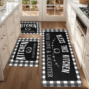 3pcs, Black Kitchen Carpet and Floor Mat, Black and White Water Buffalo Pattern Kitchen Decoration, Anti Slip and Absorbent Kitchen Floor Mat for Sink Waterproofing and Laundry Room