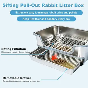 Rabbit Litter Box, Bunny Litter Box, Stainless Steel Sifting Litter Box for Rabbit, Pull-Out Rabbit Litter Box with Perforated Floor for Protecting Rabbit Paws, for Bunny, Guinea Pig, Hamster(M)