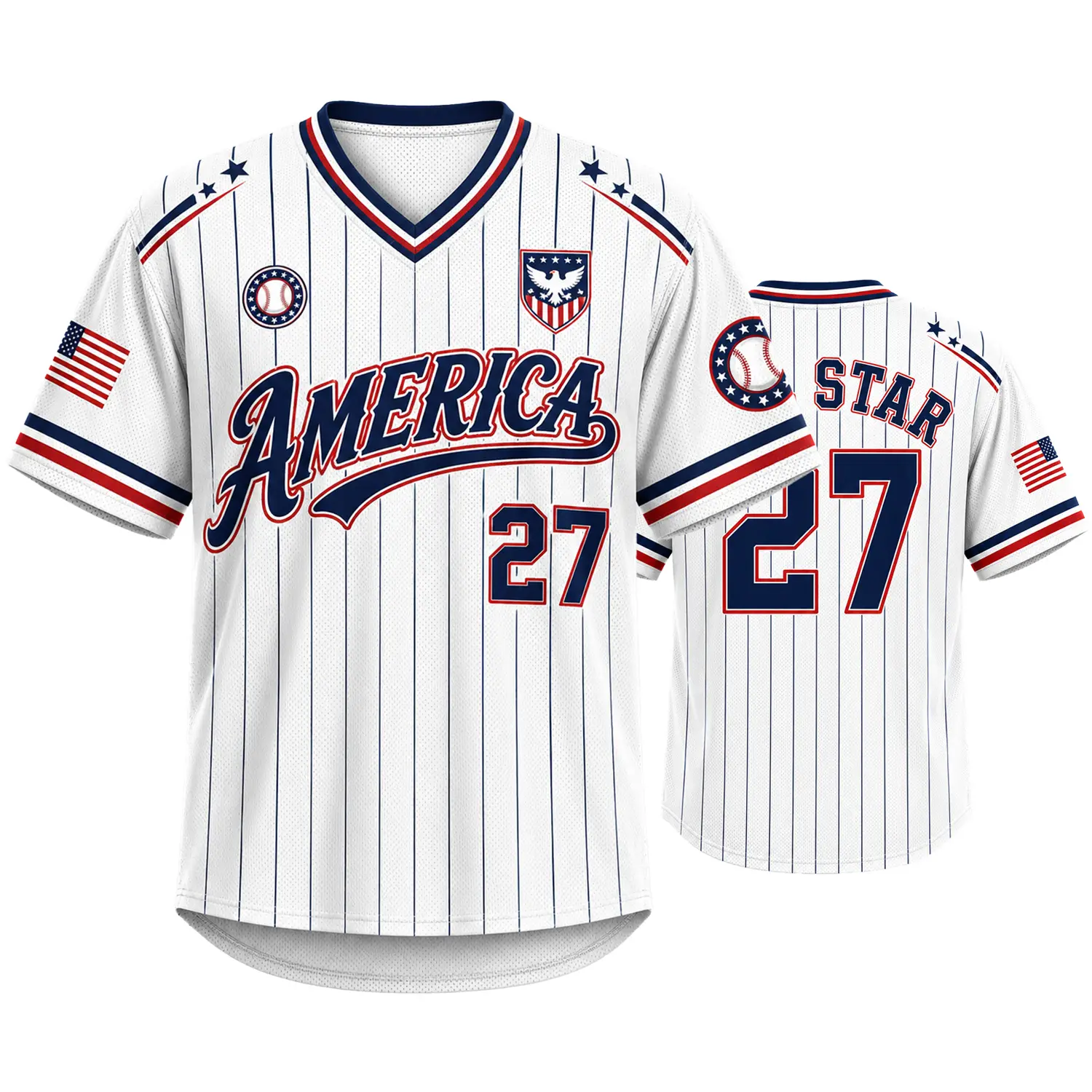 Men's White V-Neck Baseball Style Shirt, American-Inspired Pinstripe Baseball Graphic Short Sleeve Athletic Fan Top