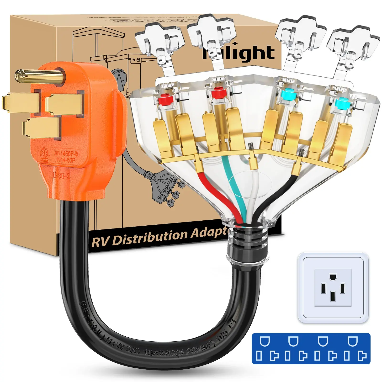 Nilight 10AWG Heavy Wires RV Generator Power Cable, 50A 125V 6250W 4-Prong NEMA 14-50P Male to 4X15/20A NEMA 5-15R/5-20R Female Plugs, 13" Compact Cord ETL Listed Pure Copper, Water Resistant Flame-Retard PVC for RV Camping