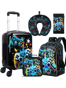5PCS Kids Suitcase Set, Airline-Approved Carry-On with 360° Spinner Wheels, Cute Travel Luggage for Boys & Toddlers, Rucksack - Joyful Game Black