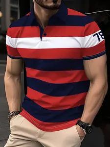 Men's Geometric Colorblock Striped Golf Polo Shirt Short Sleeve Fashionable Casual Summer Top, Fitted Knit Fabric, Daily Wear & Commuting Fashion, Menswear