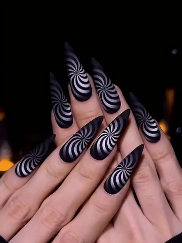 Hypnotic Black & Silver Swirl Press On Nails Long Stiletto Matte Fake Nails 3D Optical Illusion Trippy Goth Y2K Aesthetic Reusable Acrylic False Nails For Women Edgy Trendy Stick On Manicure Set Party Halloween Full Cover Glue On Nails Kit