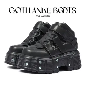 CELNEPHO Womens Goth Ankle Boots Round Toe Platform Chunky Heel Adjustable Velcro Straps Metal Studs Easy Slip on Costume Party Gift Casual Work Wear Dress Shoes