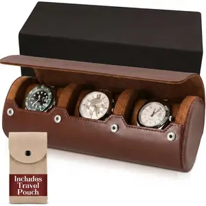 ury Father's , Travel Watch Case 3 Slots, Bonus Pouch Included, Portable Organizer, PU Leather Watch Roll,  Storage, Angled Easy-Removal Cushions, Scratch-Resistant Padded  Lining