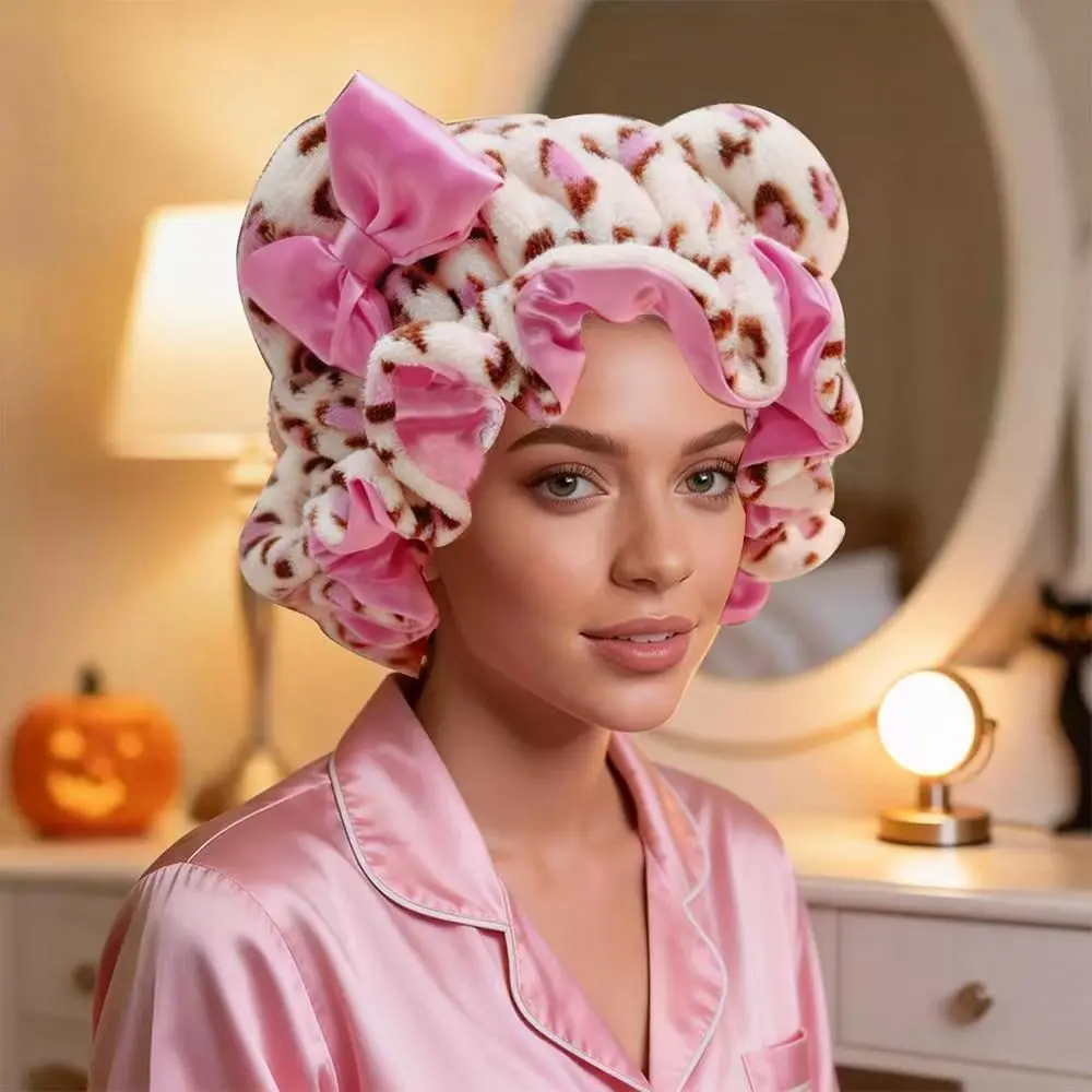Women's Cute Animal 3D Teddy Bear Shape Bathroom Shower Cap - Portable, Adjustable, Leopard Print, Satin-Lined, with Pink Bow, Fashion Youth Hair Protection Bonnet for Night Care, Gift-Worthy, Showercap